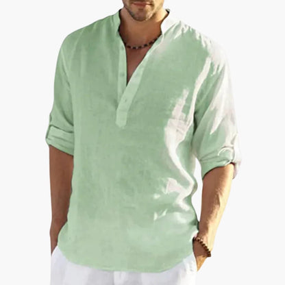 Men's Roll Up Sleeve Shirt Mandarin Collar Cotton