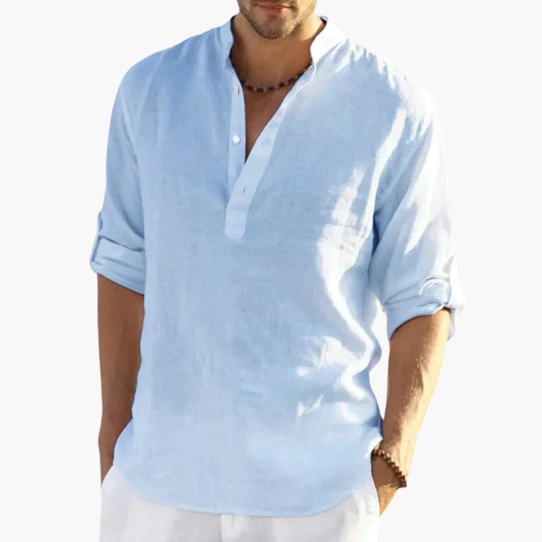 Men's Roll Up Sleeve Shirt Mandarin Collar Cotton