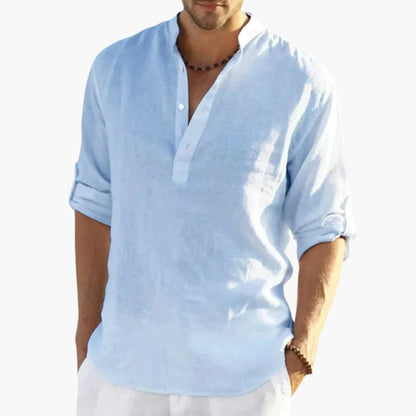 Men's Roll Up Sleeve Shirt Mandarin Collar Cotton
