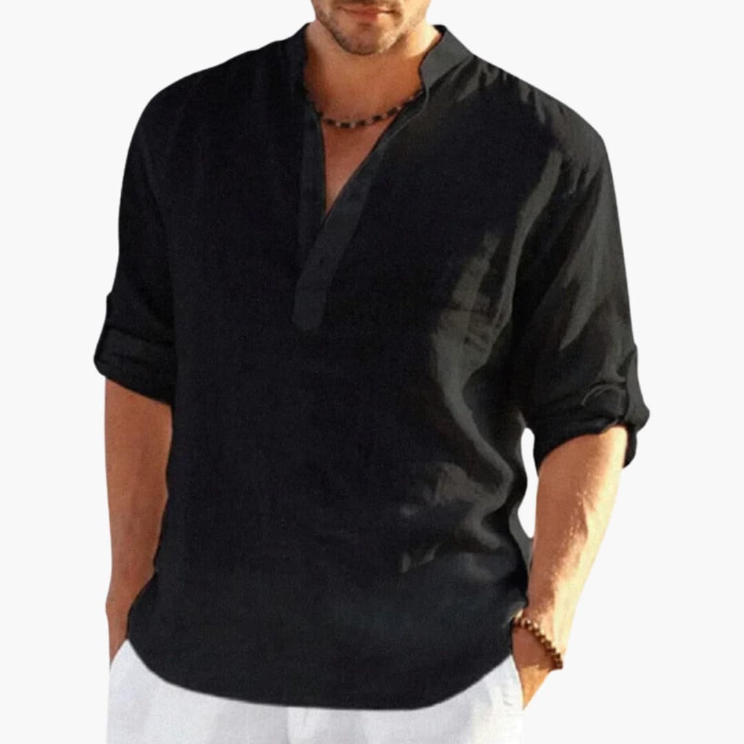 Men's Roll Up Sleeve Shirt Mandarin Collar Cotton