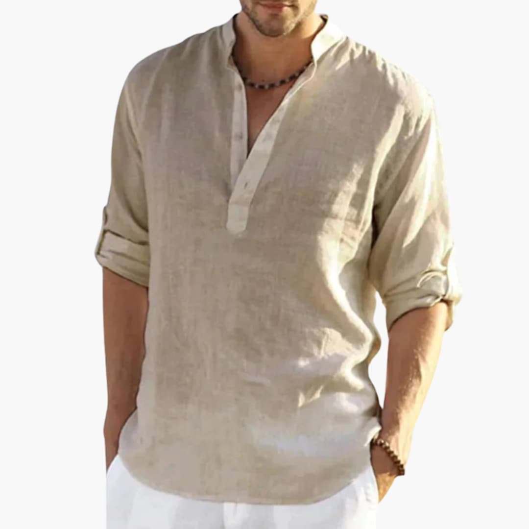 Men's Roll Up Sleeve Shirt Mandarin Collar Cotton