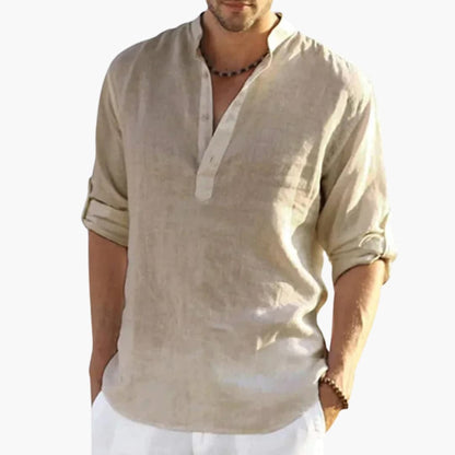 Men's Roll Up Sleeve Shirt Mandarin Collar Cotton