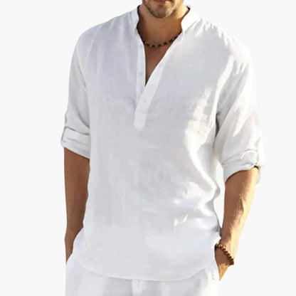 Men's Roll Up Sleeve Shirt Mandarin Collar Cotton - Vonnera