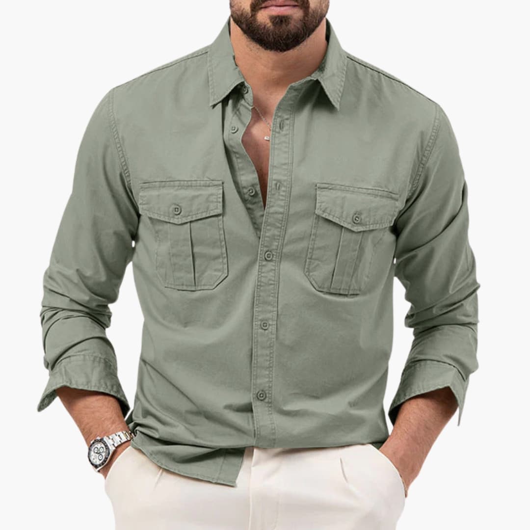 Men's Long Sleeve Button Down Shirt Cotton Two Chest Pockets