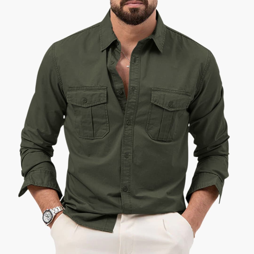 Men's Long Sleeve Button Down Shirt Cotton Two Chest Pockets