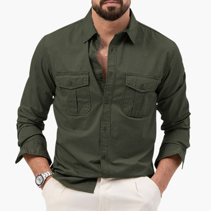 Men's Long Sleeve Button Down Shirt Cotton Two Chest Pockets