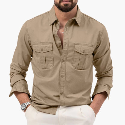 Men's Long Sleeve Button Down Shirt Cotton Two Chest Pockets