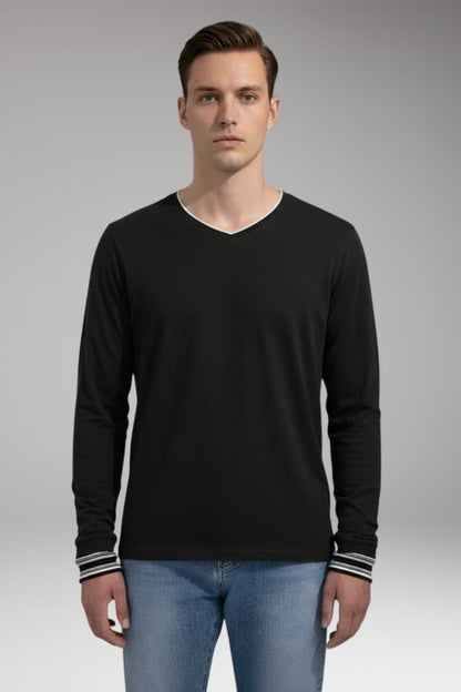 Men's Long Sleeve V-Neck Shirt Contrast Trim