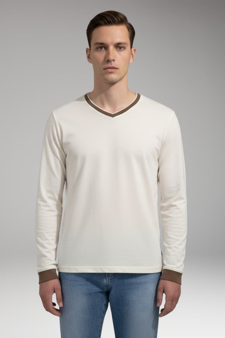 Men's Long Sleeve V-Neck Shirt Contrast Trim