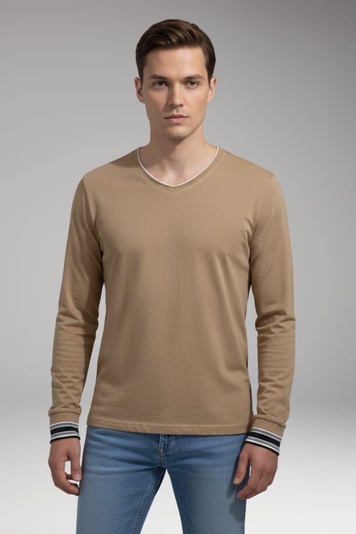 Men's Long Sleeve V-Neck Shirt Contrast Trim