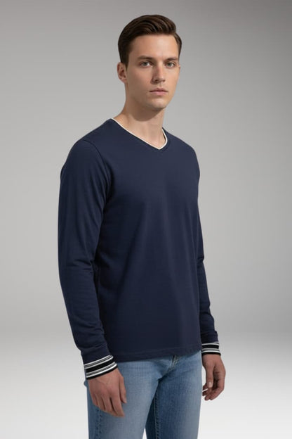 Men's Long Sleeve V-Neck Shirt Contrast Trim