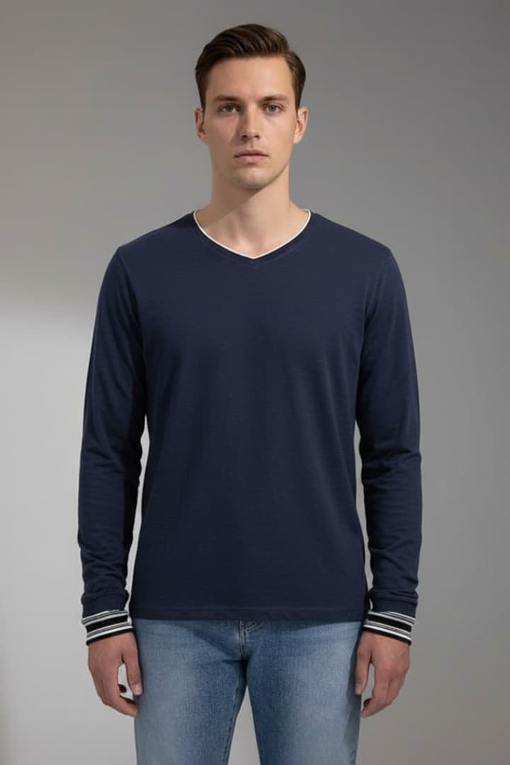 Men's Long Sleeve V-Neck Shirt Contrast Trim