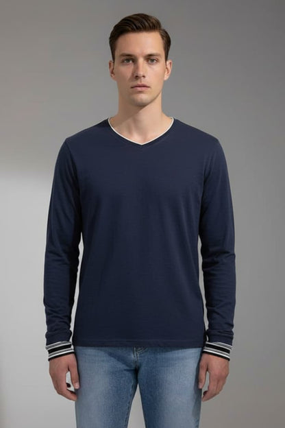 Men's Long Sleeve V-Neck Shirt Contrast Trim