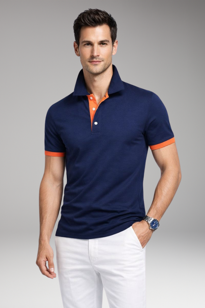 Men's Polo Shirt Contrasting Collar Buttoned Placket