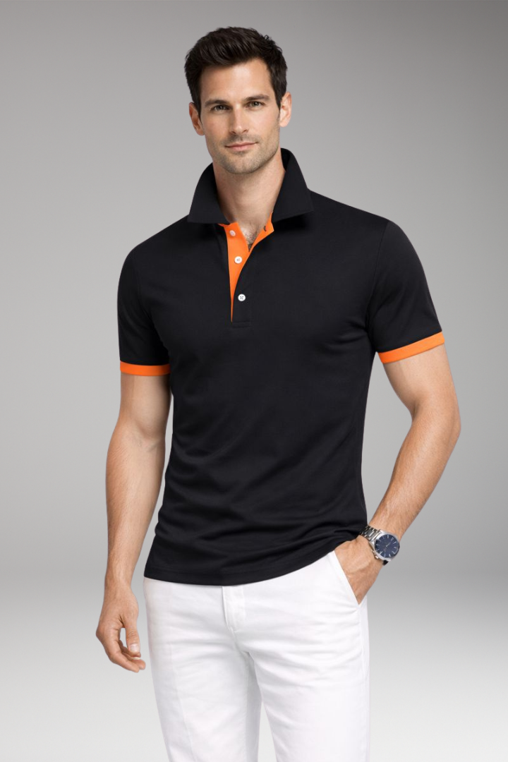 Men's Polo Shirt Contrasting Collar Buttoned Placket