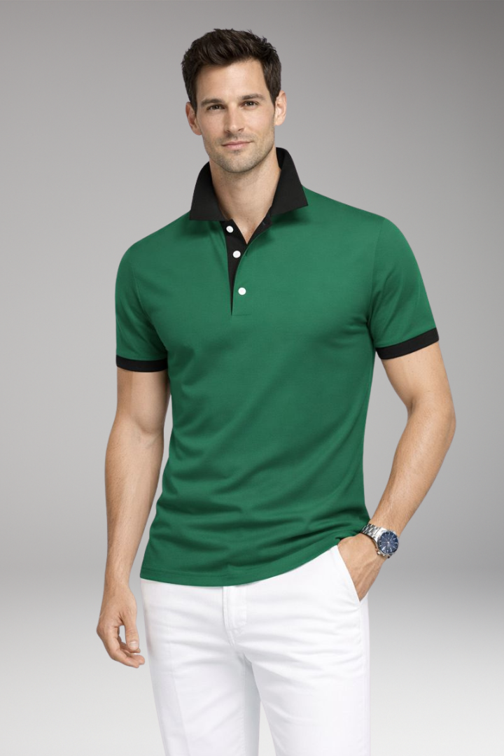 Men's Polo Shirt Contrasting Collar Buttoned Placket