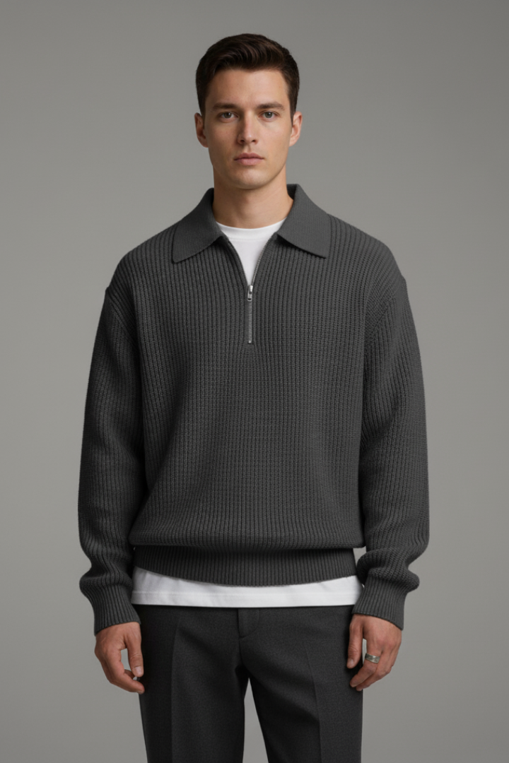 Men's Quarter-Zip Sweater Jacquard Knit Straight Fit