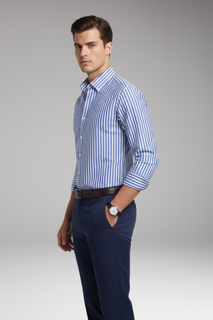 Men's Striped Dress Shirt Button Collar Cotton