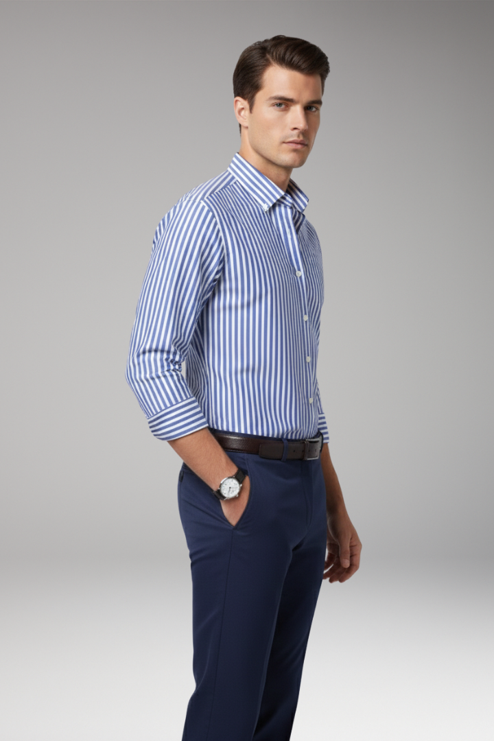 Men's Striped Dress Shirt Button Collar Cotton