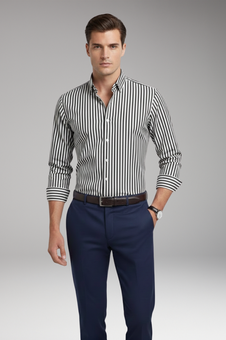 Men's Striped Dress Shirt Button Collar Cotton