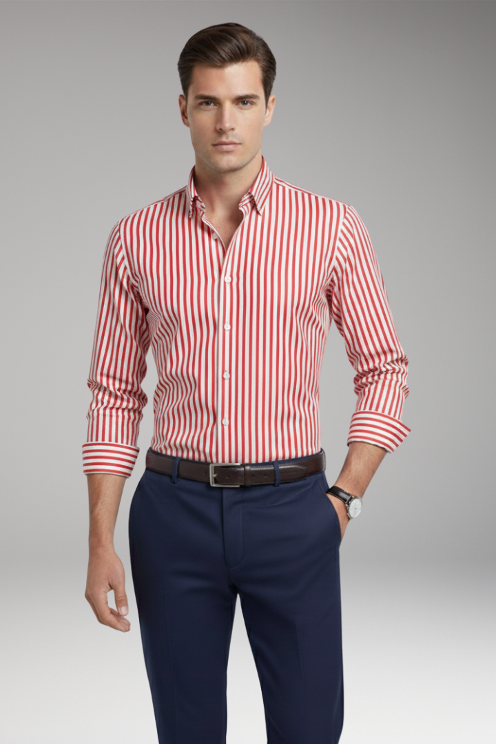 Men's Striped Dress Shirt Button Collar Cotton