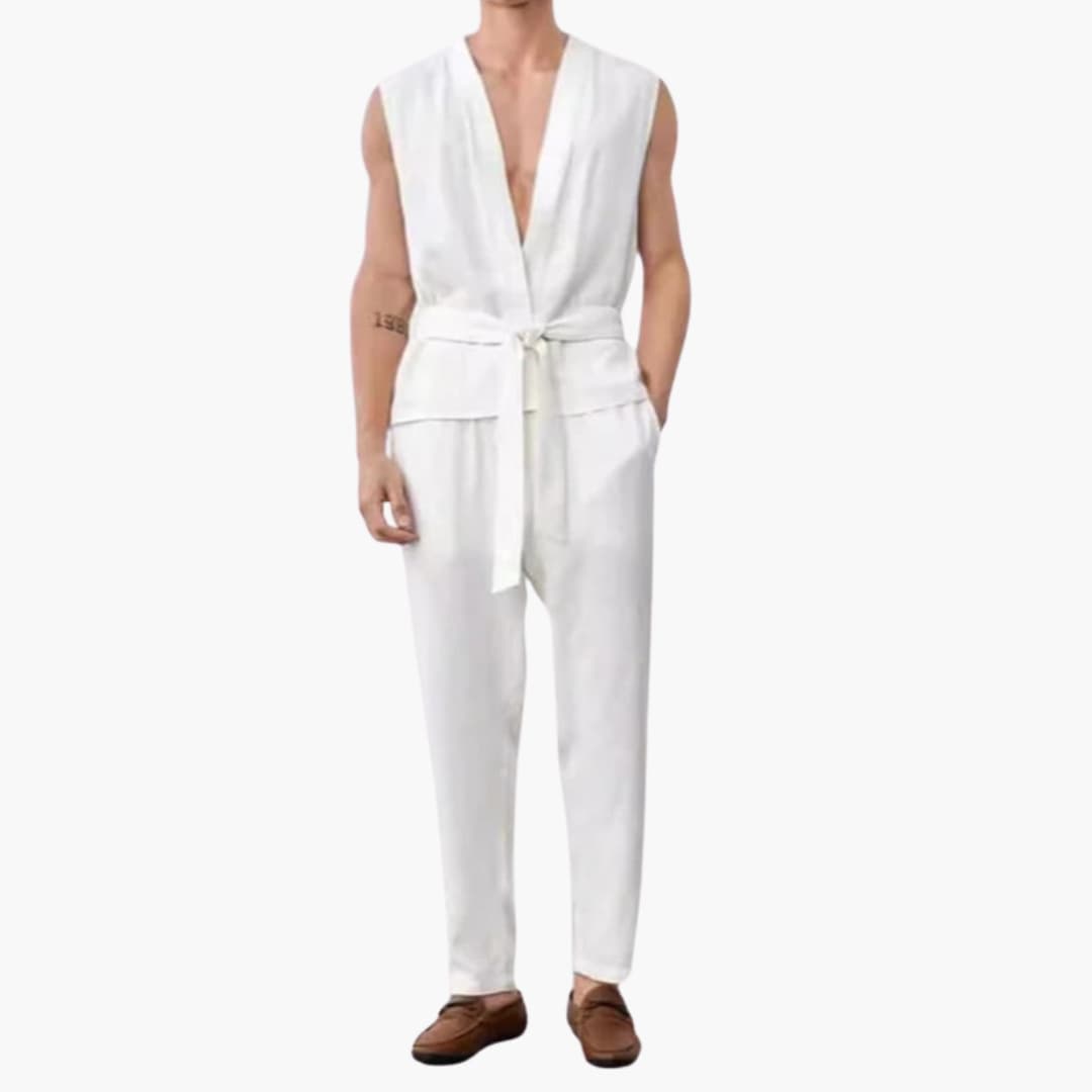 Men's Sleeveless Summer Set V-Neck Belted Pants - Vonnera