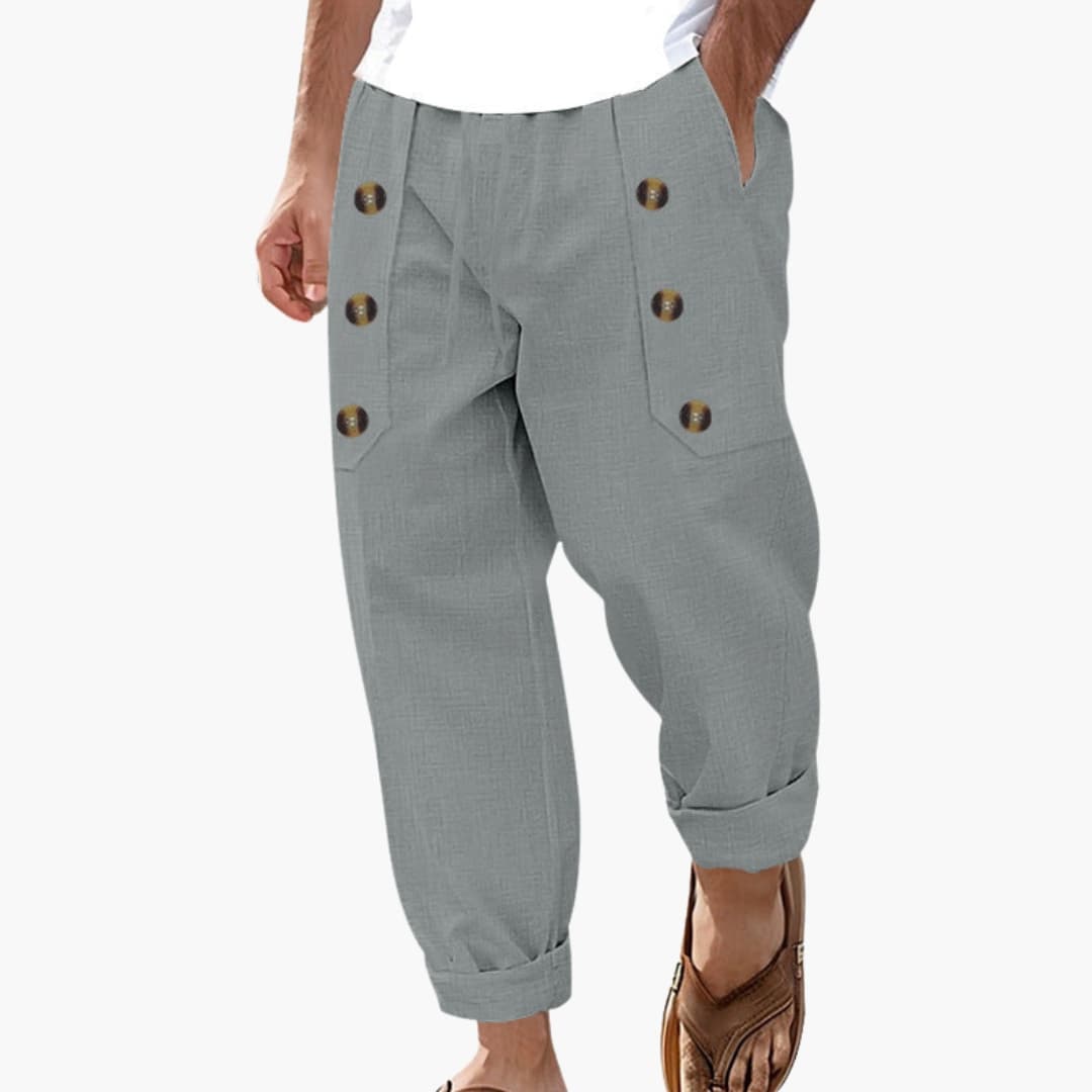 Men's Elastic Waist Summer Pants Button Detail