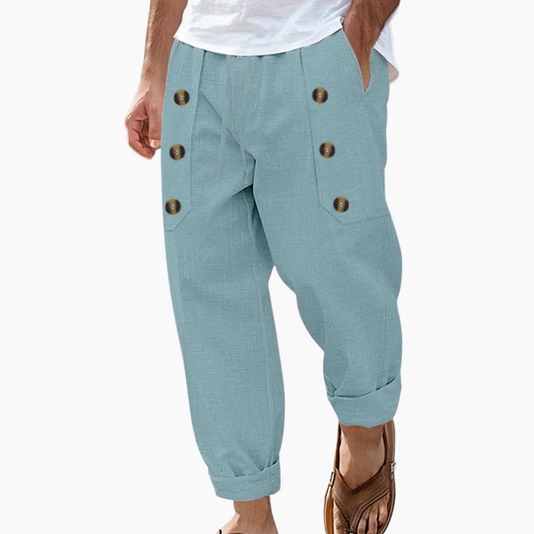 Men's Elastic Waist Summer Pants Button Detail