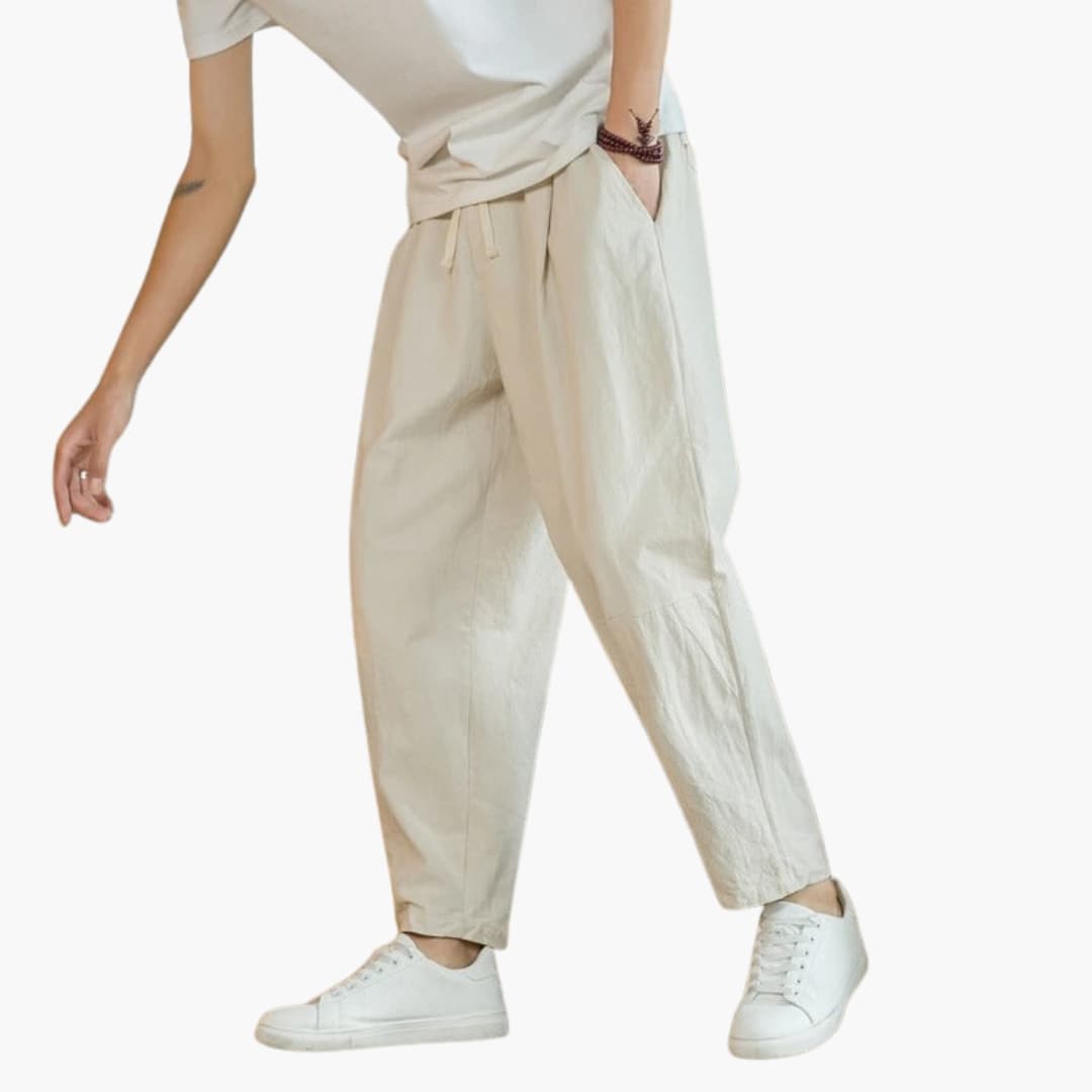 Men's Loose Fit Pants Cotton Piped Pockets Beige - Vonnera