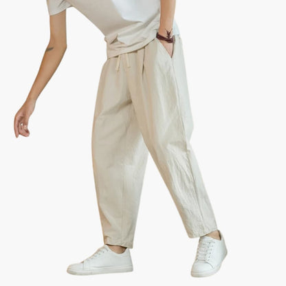 Men's Loose Fit Pants Cotton Piped Pockets Beige - Vonnera