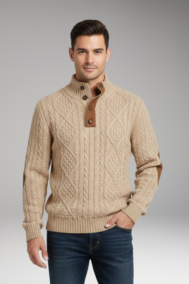 Men's Crew Neck Sweater Elbow Patches Button Front