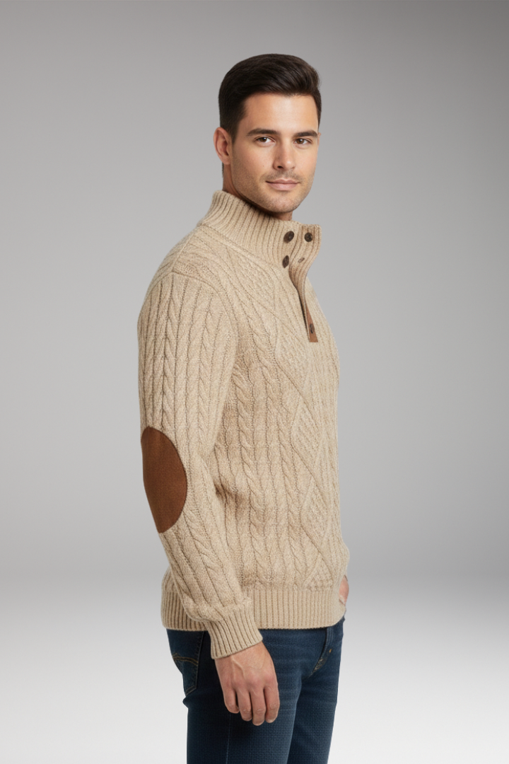 Men's Crew Neck Sweater Elbow Patches Button Front