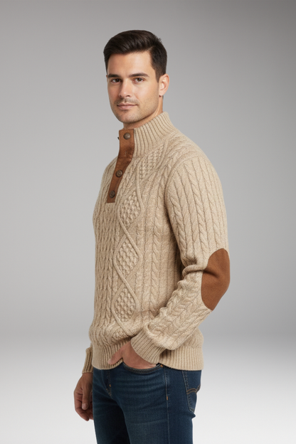 Men's Crew Neck Sweater Elbow Patches Button Front