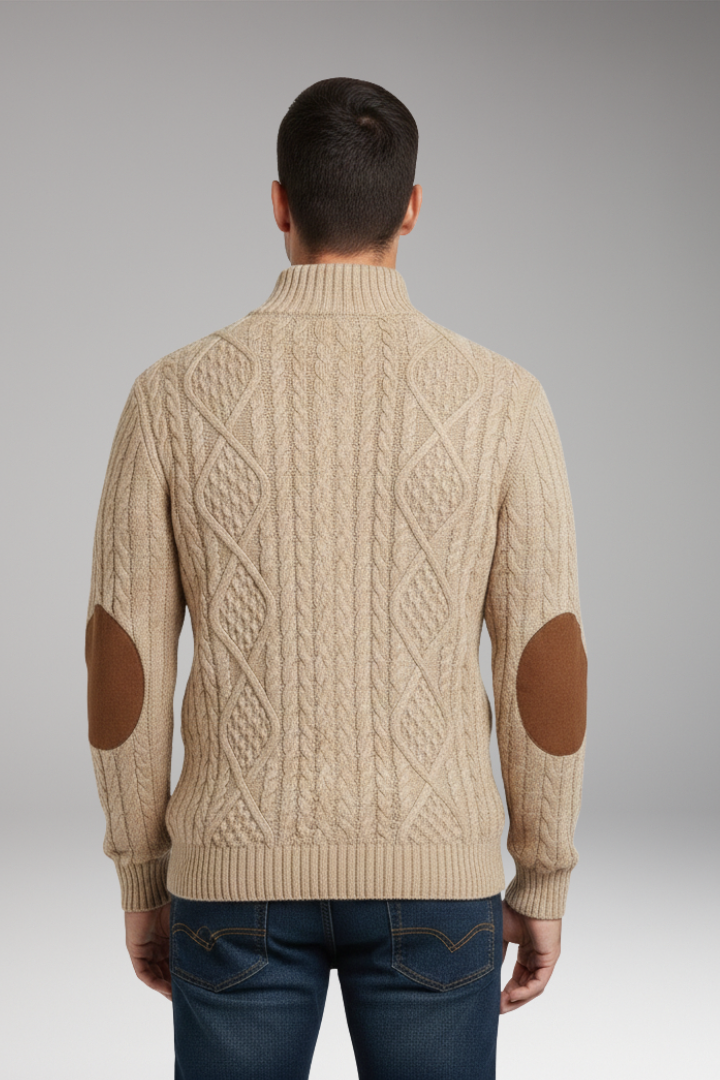 Men's Crew Neck Sweater Elbow Patches Button Front