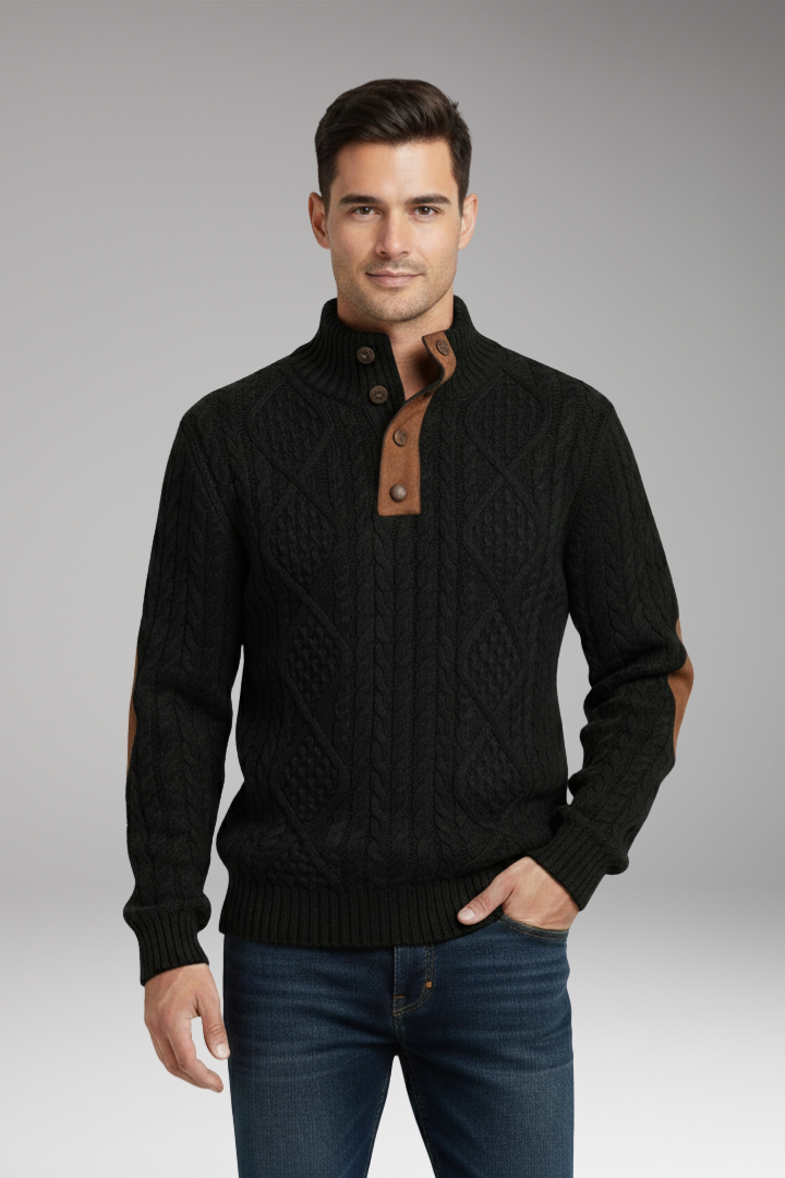 Men's Crew Neck Sweater Elbow Patches Button Front