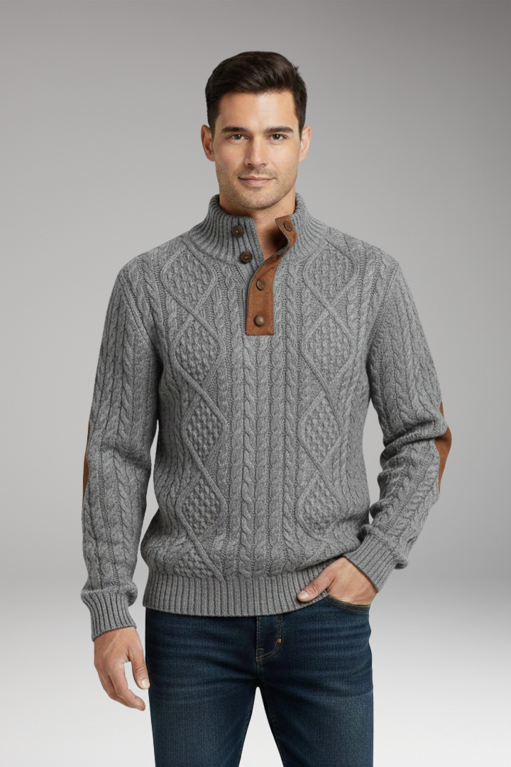 Men's Crew Neck Sweater Elbow Patches Button Front