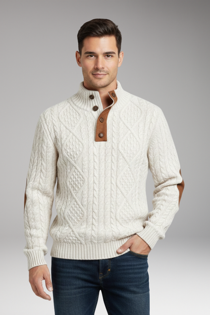 Men's Crew Neck Sweater Elbow Patches Button Front