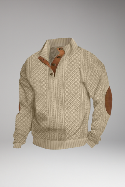 Men's Crew Neck Sweater Elbow Patches Button Front - Vonnera