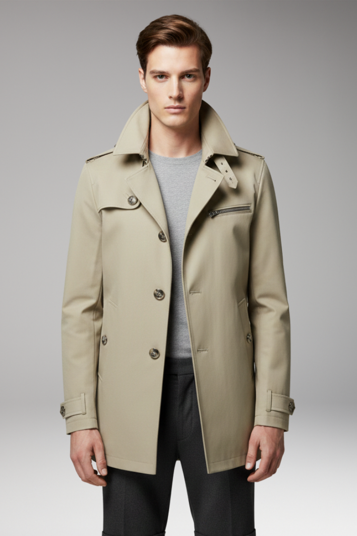 Men's Trench Coat Button Front Cotton Tan