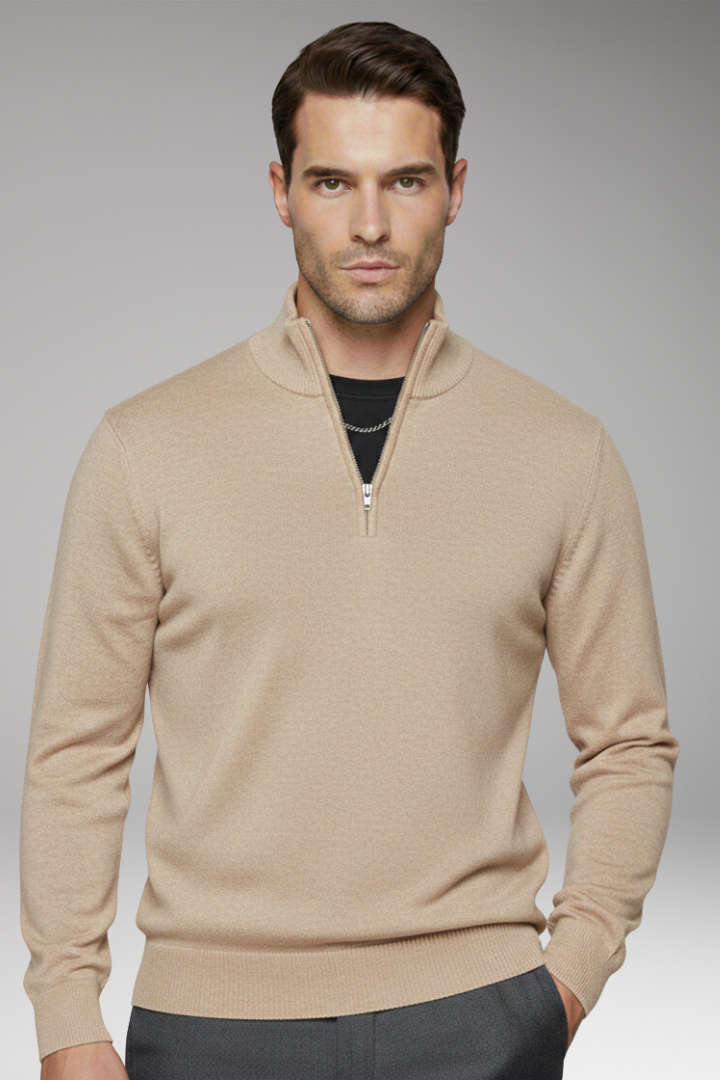 Men's Zip Neck Sweater Ribbed Edges