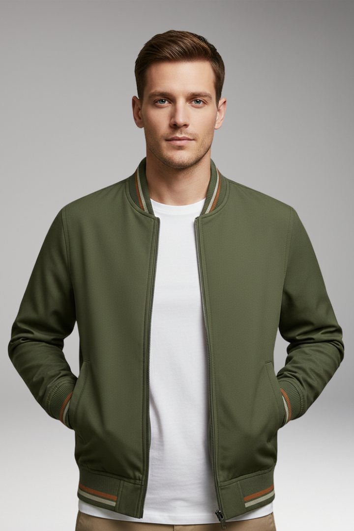 Men's Bomber Jacket Zip Closure Ribbed Trim