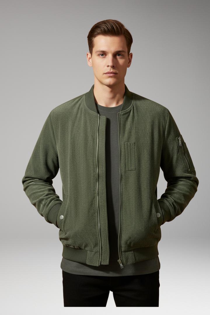 Men's Corduroy Bomber Jacket Utility Pocket Ribbed Trim