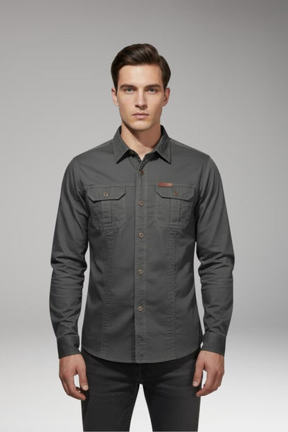 Men's Long Sleeve Cargo Shirt Cotton Chest Pockets