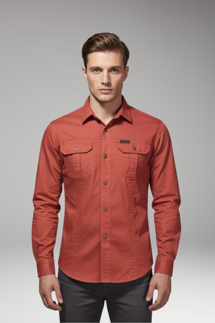 Men's Long Sleeve Cargo Shirt Cotton Chest Pockets