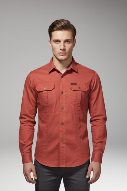 Men's Long Sleeve Cargo Shirt Cotton Chest Pockets