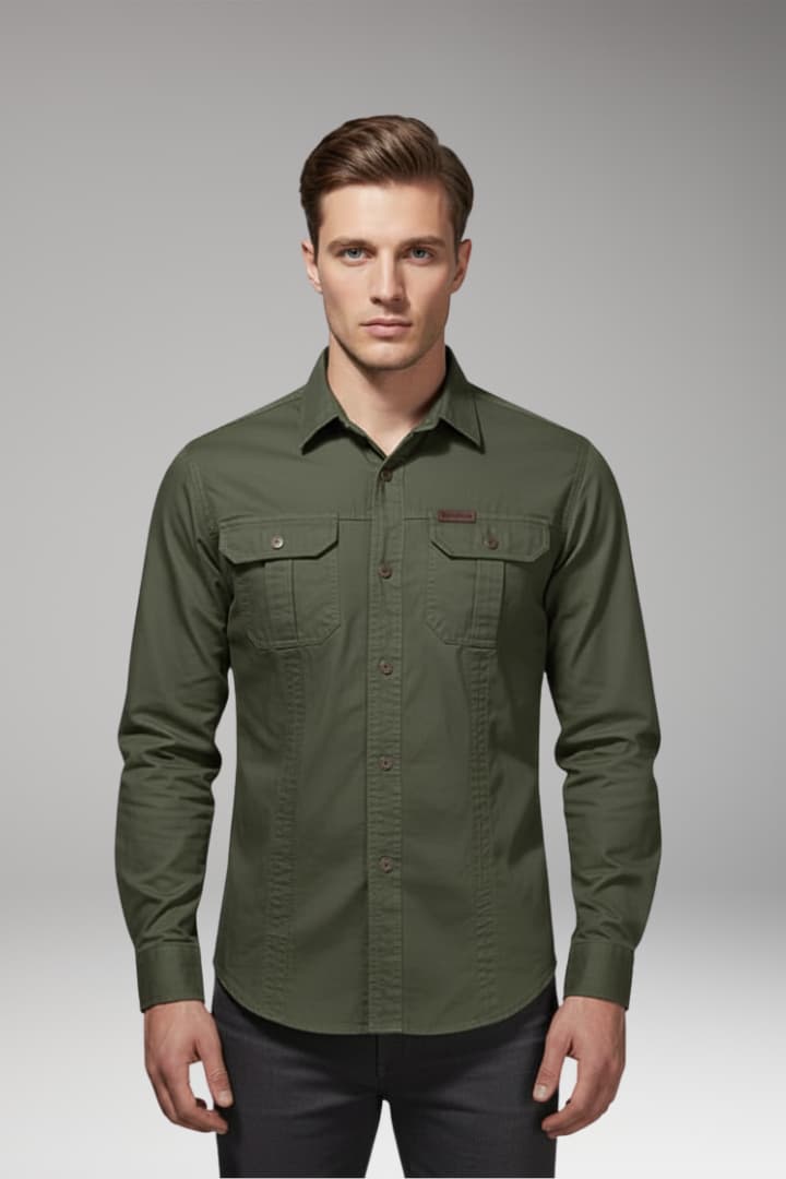 Men's Long Sleeve Cargo Shirt Cotton Chest Pockets