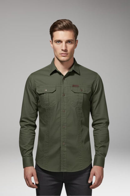 Men's Long Sleeve Cargo Shirt Cotton Chest Pockets