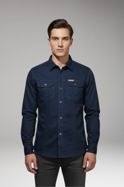 Men's Long Sleeve Cargo Shirt Cotton Chest Pockets