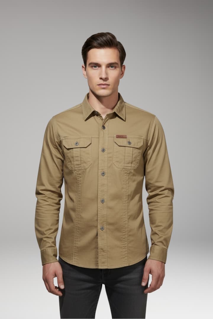 Men's Long Sleeve Cargo Shirt Cotton Chest Pockets