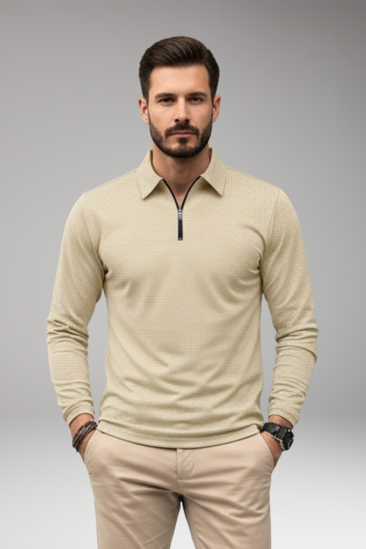 Men's Polo Shirt Long Sleeve Zipper Textured
